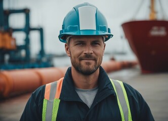 Portrait of a seaport worker, the harbor is blurred in the background
