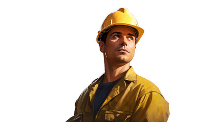 Wall Mural - Portrait of a construction worker. Male builder in yellow helmet. Warehouse worker in uniform. Transparent background PNG. Created using AI generation