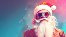 Funky Santa Claus Wearing Glasses On Pastel Background, Copy Space For Text, Cartoon Pop Art Style Xmas Greeting Card Design