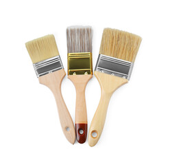 Wall Mural - Wooden paint brushes isolated on white, top view