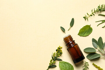 Wall Mural - Bottle of essential oil and different herbs on beige background, flat lay. Space for text