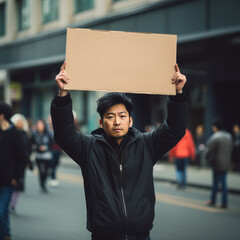 Man protests with an empty sign held high, AI generated Image