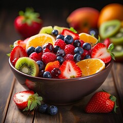 Wall Mural - bowl of fruit and strawberries and kiwis arranged on wooden table