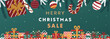 プレゼントボックスやオーナメント、キャンディーで飾られたクリスマス背景バナーテンプレート（緑）　Christmas background banner template decorated with gift boxes, ornaments and candies (green)