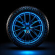 Tire rim with blue electric wireframe. Generative ai. 
