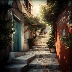 AI generated illustration of an inviting alleyway with steps between rural houses on a Greek Island