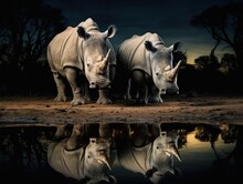 AI Generated Illustration Of A Pair Of Rhinos In A Shallow Pond Surrounded By A Night Sky