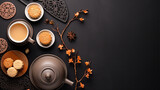 Fototapeta  - Mid-autumn festival mooncake minimalist style tea party table. Flat lay