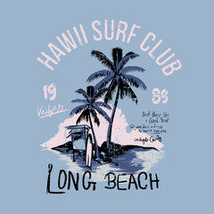 Wall Mural - Hand Drawn summer long beach T-shirt graphic print design,  surfing adventure print design with typography, surf beach retro vintage artwork