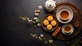 Fototapeta  - Mid-autumn festival mooncake minimalist style tea party table. Flat lay