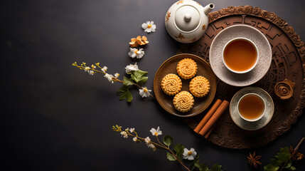 Mid-autumn festival mooncake minimalist style tea party table. Flat lay