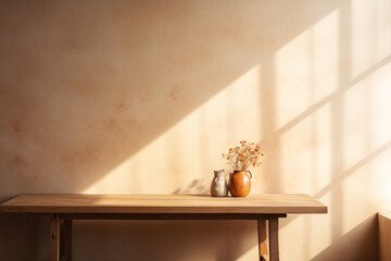 Wall Mural - Minimalistic modern wooden table in living room with nature light.