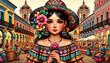 Illustration in landscape ratio 9:16 of a Latin girl's upper body from the front. She holds a flower near her face, and her attire is adorned with colorful patterns. Behind her, an old town square is 