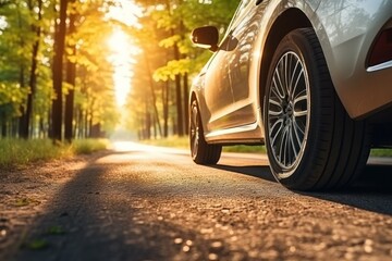 Summer tires on the asphalt road in the sun time for summer tires. Generative AI.