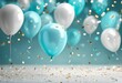 white and blue balloons are floating over gold confetti