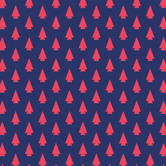 Wall Mural - Christmas seamless pattern.Red pink pine holly tree repeat pattern isolated on blue background.Geometric triangle shape vector illustration background wallpaper.