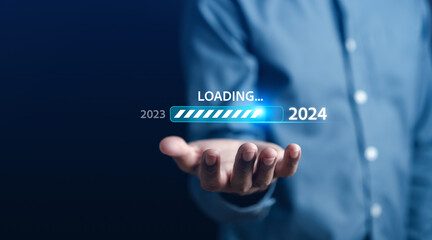Poster - Loading progress from 2023 to 2024 to countdown merry christmas and happy new year, Planning and challenge strategy in new year 2024 Concept.