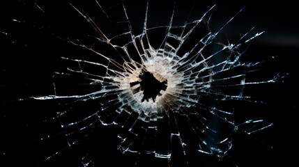 a bullet hole in a glass window with a black background
