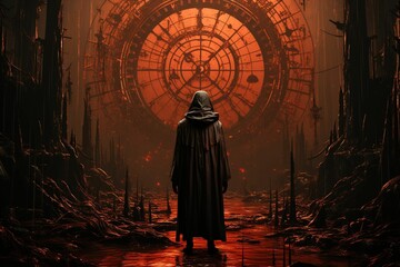 Wall Mural - AI generated illustration of a hooded figure in the shadows, glancing up at a looming clock tower