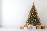 Fototapeta Panele - Big Beautiful Christmas Tree with Shiny Baubles and Presents - Close Up,ai generated