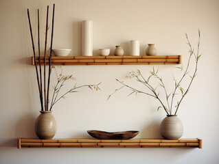 Wall Mural - Sleek Wood Floating Shelf with Triptych Frames and a Vase