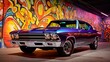 AI-generated illustration of A classic vintage car parked in a colorful garage