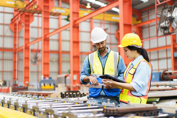 Engineer inspecting a heavy machine in manufacturing factory.