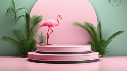 Sticker - Summer 3D podium background flamingo pink product pedestal party scene display beach. Podium platform 3D palm summer vacation backdrop pastel isolated spring studio stand flower template holiday.