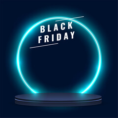 Wall Mural - neon style black friday holiday sale offer template with 3d podium stand