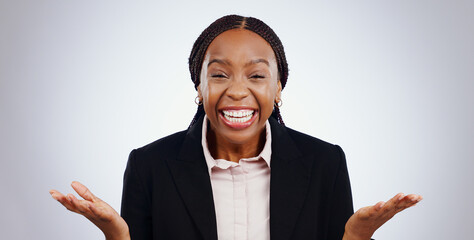 Poster - Excited, studio and portrait of business woman with good news, announcement and surprise. Wow, shocked and face of professional worker smile for bonus, promotion and success on gray background