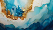 Blue, gold wavy silk ocean waves background.  Flowing special effect emerald and yellow wavy abstract fantasy backdrop. Magic modern art, happy ocean waves copy space banner for text