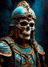 AI Generated Illustration Of A Skull Wearing A Blue Helmet And Gold Armor