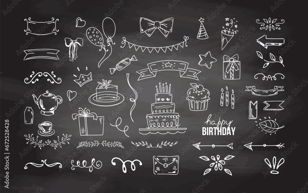 Birthday doodle set. Hand drawn vector Happy Birthday sketches on ...