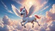 AI generated illustration of an ethereal cute unicorn flying in the sky above the clouds