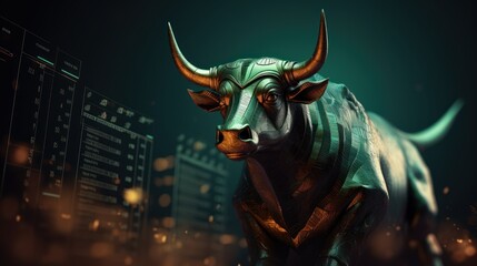 Wall Mural - Bull bullish divergence in stock market and crypto currency trading, Bullwith green graph background