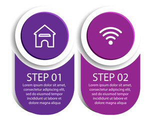 Infografis 2 langkah, desain infografis simpel terdiri dari dua bagian yang saling berkaitan, desain lingkaran dipadu garis, ikon dan warna, bagus untuk presentasi bisnis Anda