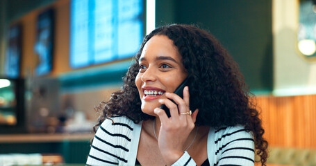 Poster - Phone call, relax or happy woman in cafe talking in mobile conversation as communication. Smile, networking or entrepreneur in discussion at a coffee shop speaking or thinking of ideas on cellphone