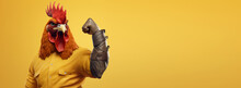 Muscle Chicken Gesture Fist Pump With Copyspace, Rooster Fighter Showing Fighting Pose On Bright Color Studio Background