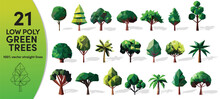 Set Of Low Poly Green Trees. Geometric Polygonal Style Collection. 100% Vector 3d With Shadow