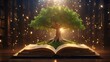A book laid open, with a tree sprouting from its pages
