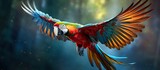 The fantastic illustration captures the majestic flight of a macaw in the animal kingdom showcasing a stunning bird in motion The wildlife depiction presents a mesmerizing picture resemblin