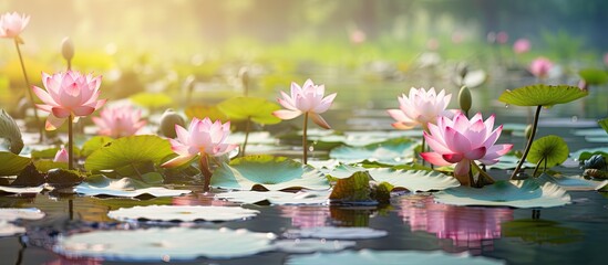 Wall Mural - The lotus flower specifically of a pink color can be found peacefully floating in a body of water