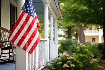 Presence of USA flag on building porch expresses patriotism reflecting love for country. USA flag on porch of house unmistakably radiates sense of patriotism signifying national allegiance