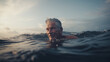 Beach, water and old man surfer swimming on summer holiday vacation in retirement with freedom in ocean. Smile, ocean and senior surfing or body boarding enjoying a healthy exercise on sea.
