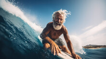 Beach, Water And Old Man Surfer Swimming On Summer Holiday Vacation In Retirement With Freedom In Ocean. Smile, Ocean And Senior Surfing Or Body Boarding Enjoying A Healthy Exercise On Sea.