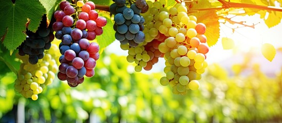 Sticker - In an organic garden there are clusters of vibrant youthful grapes suspended from the vine alongside verdant foliage