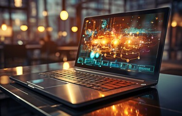 laptop application containing analytics data and a business graph. Trend analysis and the idea of the software development coding process. Coding, banner design, programming..