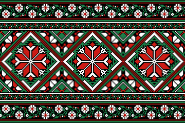 Wall Mural - flower embroidery on black background. ikat and cross stitch geometric seamless pattern ethnic oriental traditional. Aztec style illustration design for carpet, wallpaper, clothing, wrapping, batik.