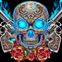 AI Generated Illustration Of A Skull With Two Guns And Roses Against A Black Background