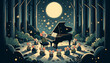 Illustration, whimsical animated style, a group of mice, gathered around a grand piano in a moonlit clearing, playing a beautiful nocturne.